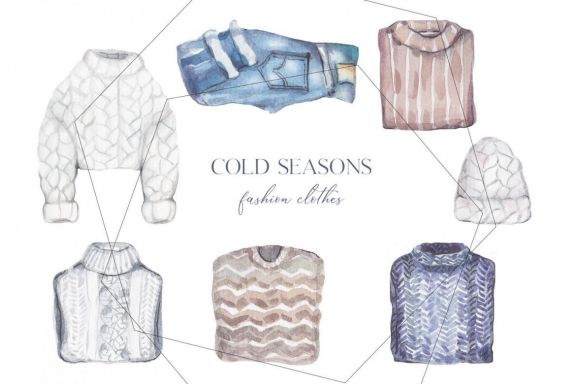 Trendy watercolor winter and autumn clothes set