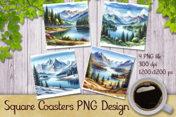 Watercolor Mountain Landscape Coaster Designs