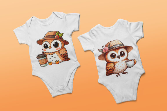 Little Owls with Cups of Coffee PNG cliparts