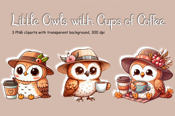 Little Owls with Cups of Coffee PNG cliparts