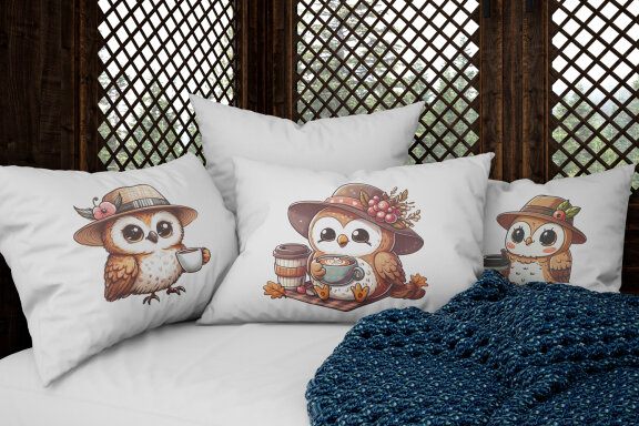 Little Owls with Cups of Coffee PNG cliparts