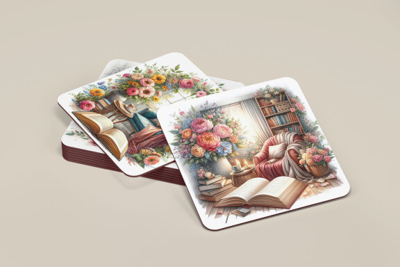 Cozy Reading Watercolor Coaster Designs