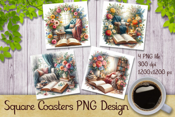 Cozy Reading Watercolor Coaster Designs