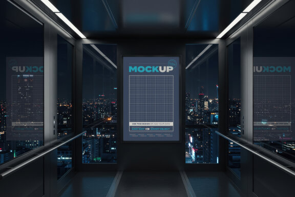 Poster Mockups inside Glass Elevator