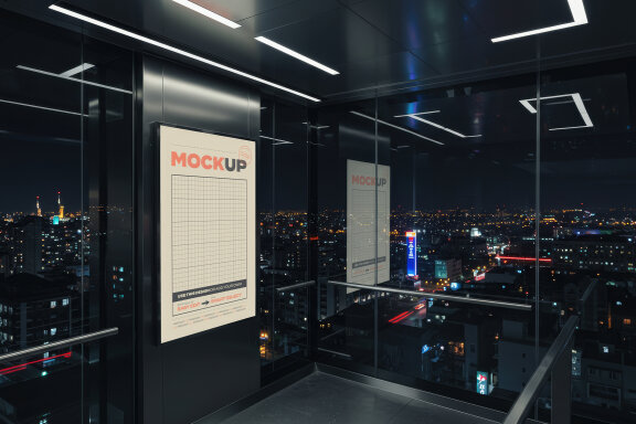 Poster Mockups inside Glass Elevator