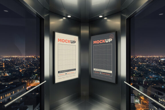 Poster Mockups inside Glass Elevator