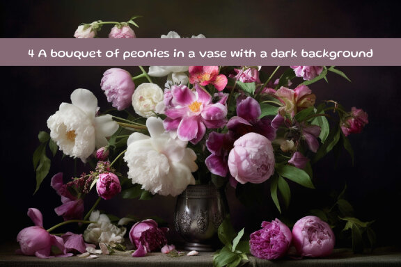 A bouquet of peonies in a vase with a dark background
