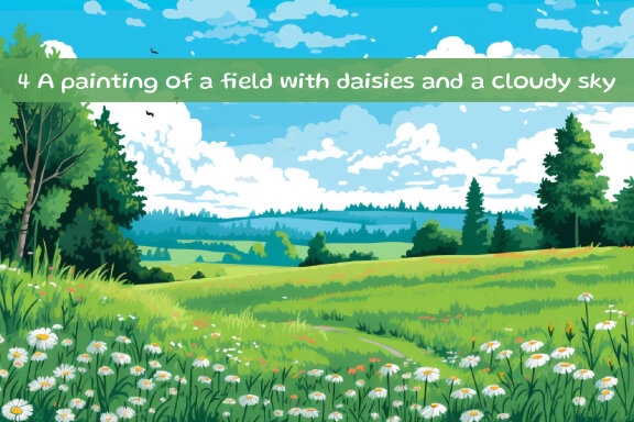 A painting of a field with daisies and a cloudy sky