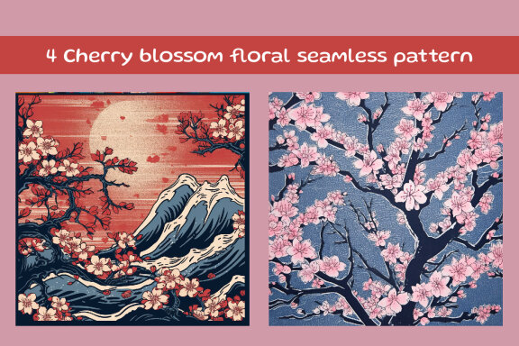 Spring Cherry Blossoms in a Japanese Linocut Style