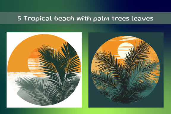 Tropical beach with palm trees leaves