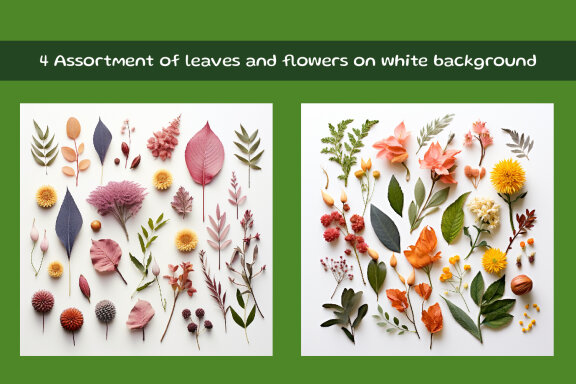 Assortment of leaves and flowers on white background