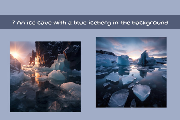 An ice cave with a blue iceberg in the background
