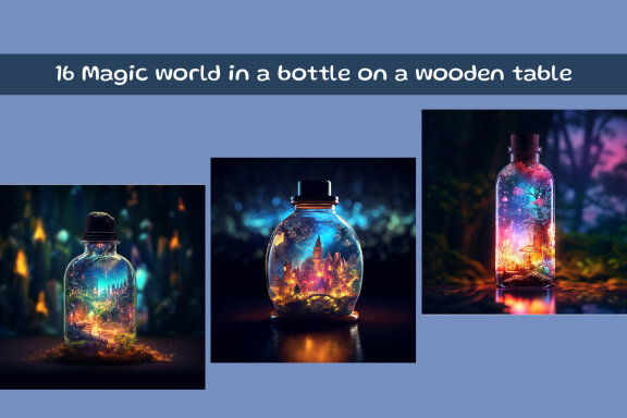 Magic world in a bottle on a wooden table