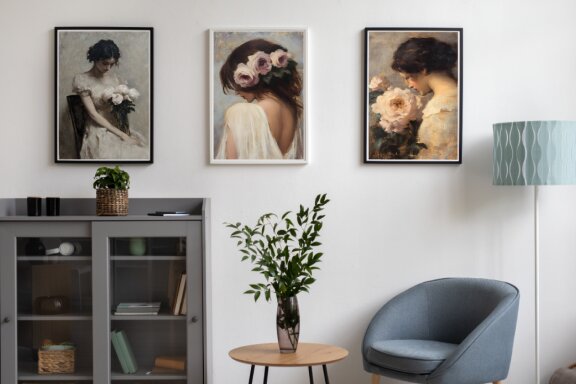 Vintage Rustic Flower Woman European Wall Art Poster Bundle