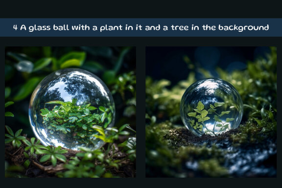 A glass ball with a plant in it and a tree in the background
