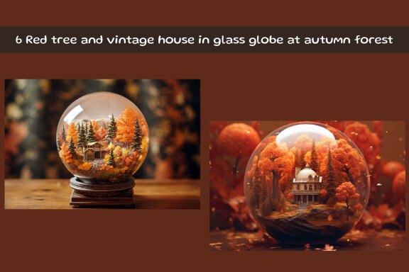 Red tree and vintage house in glass globe at autumn forest
