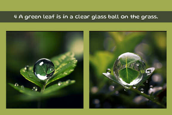 A green leaf is in a clear glass ball on the grass