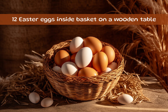 Easter eggs inside basket on a wooden table