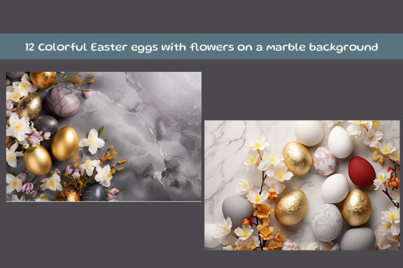 Colorful Easter eggs with flowers on a marble background