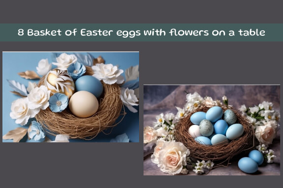 Basket of Easter eggs with flowers on a table