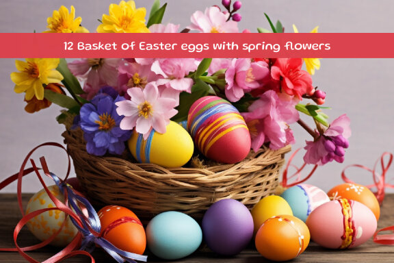 Basket of Easter eggs with spring flowers
