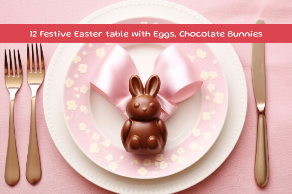 Festive Easter table with Eggs, Chocolate Bunnies