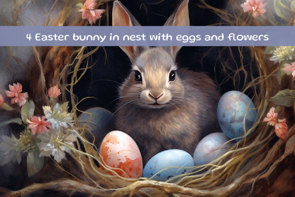 Easter bunny in nest with easter eggs and spring flowers