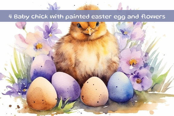 Baby chick with painted easter egg and flowers