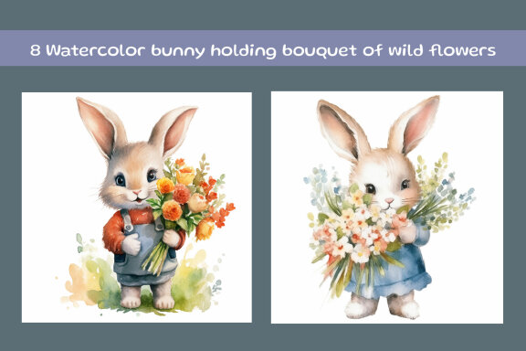 Watercolor bunny holding bouquet of wild flowers