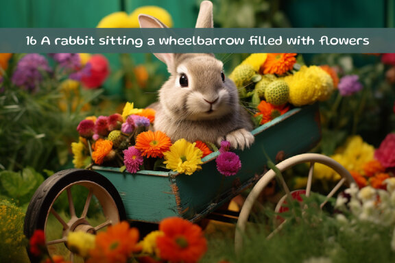 A rabbit sitting a wheelbarrow filled with flowers