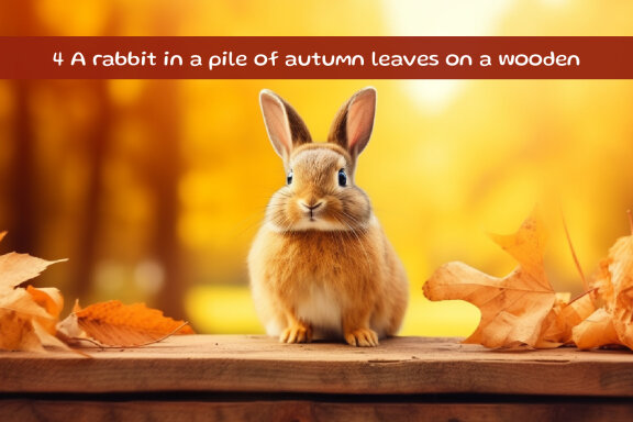 A rabbit in a pile of autumn leaves on a wooden