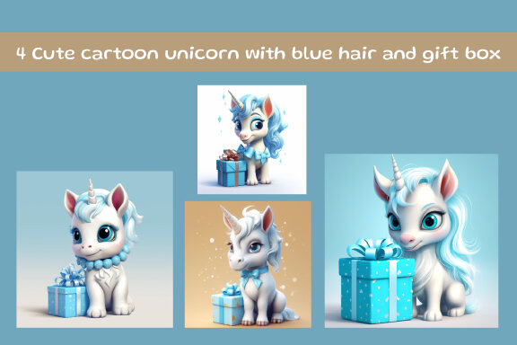 Cute cartoon unicorn with blue hair and gift box