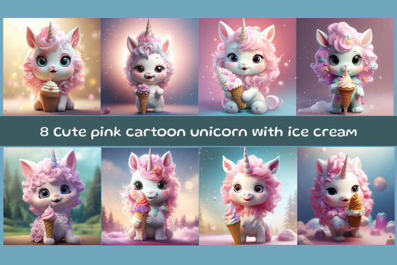 Cute pink cartoon unicorn with ice cream