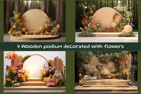 Wooden podium decorated with flowers