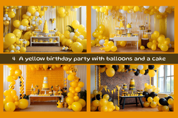 A yellow birthday party with balloons and a cake