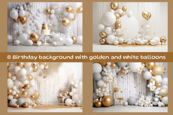 Birthday background with golden and white balloons
