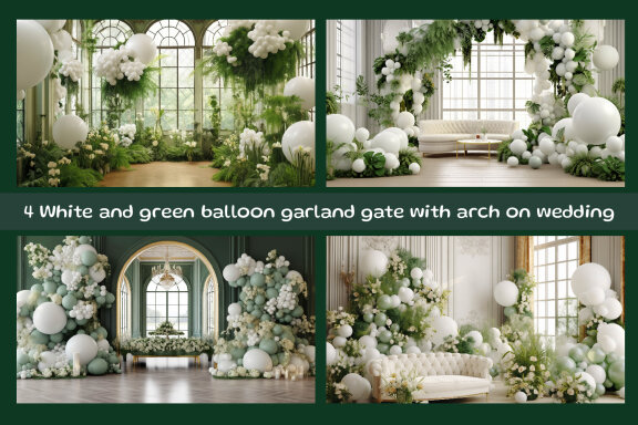 White and green balloon garland gate with arch on ceremony