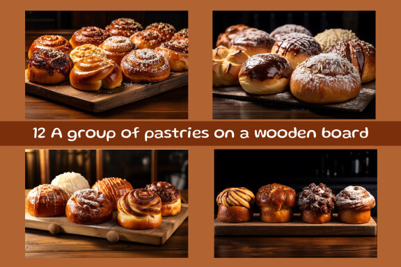 A group of pastries on a wooden board