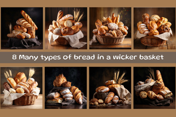 Many types of bread in a wicker basket