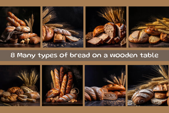 Many types of bread on a wooden table