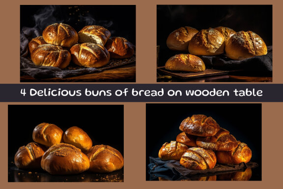 Delicious buns of bread on wooden table