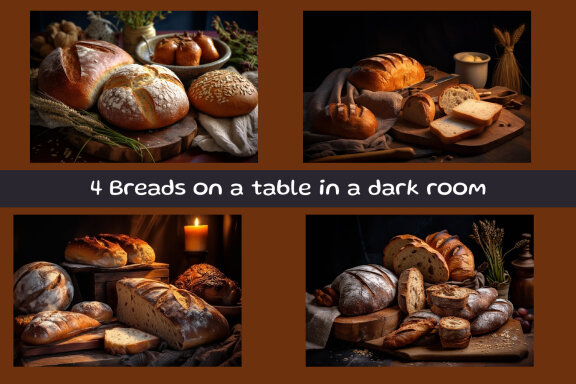 Breads on a table in a dark room