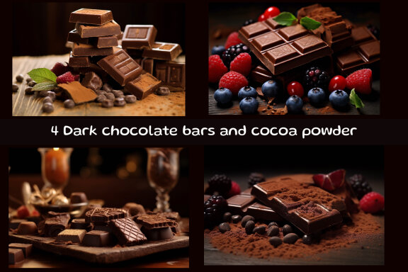 Dark chocolate bars and cocoa powder on wooden background