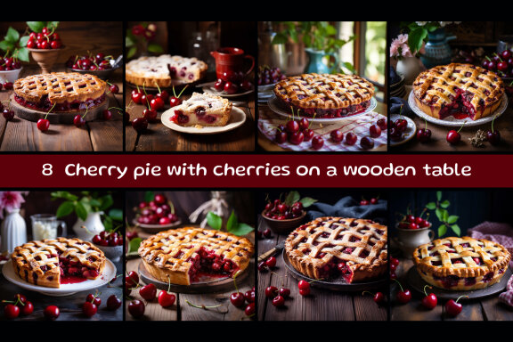 Cherry pie with cherries on a wooden table