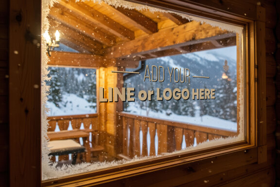Snowy Wooden Cottage Window Mockup