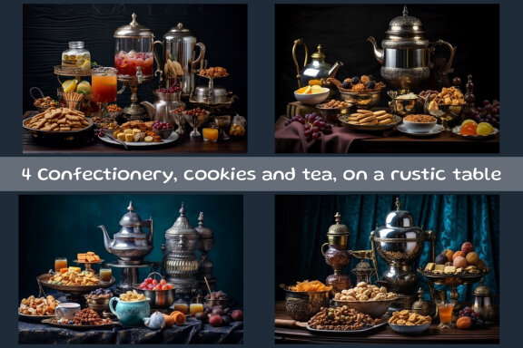 Confectionery, cookies and tea, on a rustic table