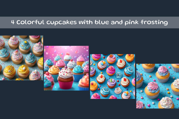 Colorful cupcakes with blue and pink frosting