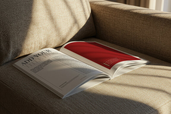 Open Magazine on Sofa Soft Light Mockup