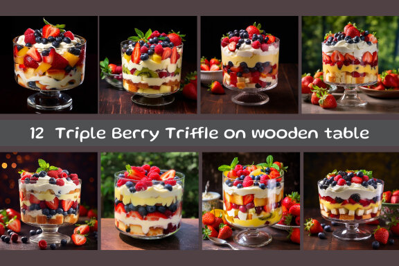 Triple Berry Triffle on wooden table