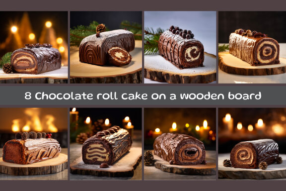 Chocolate roll cake on a wooden board